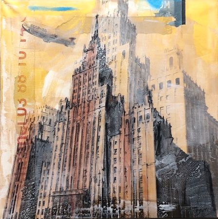 Катя-Анна Тагути (Картина, живопись - 
                  80 x 80 см) Высотка с дирижаблем