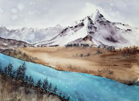 Светлана Юматова (Авторская графика - 
                  35 x 25 см) Река возле горы
