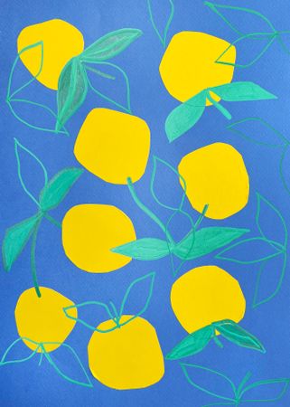 Саша Робинсон (Коллаж / ассамбляж - 
                  21 x 30 см) Желтые лимоны на синем