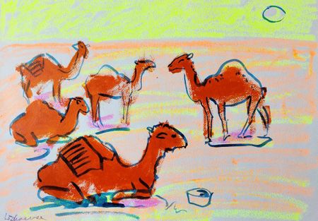 Олеся Лишаева (Авторская графика - 
                  62 x 43 см) Верблюды в Сахаре