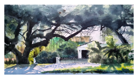 Александр Кормилицын (Авторская графика - 
                  42 x 23.5 см) Уютный двор под кроной баньяна