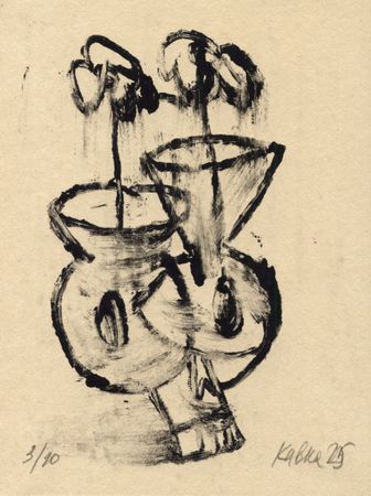 Дмитрий Кавка (Графика печатная - 
                  16 x 21 см) Натюрморт с двумя вазами, цветами и черепом (№3/10)