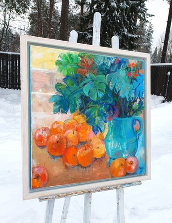 Валентина Гайчук (Картина, живопись - 
                  60 x 60 см) Натюрморт с монстерой и яблоками