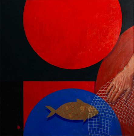 Евгений Ковальчук (Картина, живопись - 
                  110 x 110 см) Криптовалютная рыбка и старик