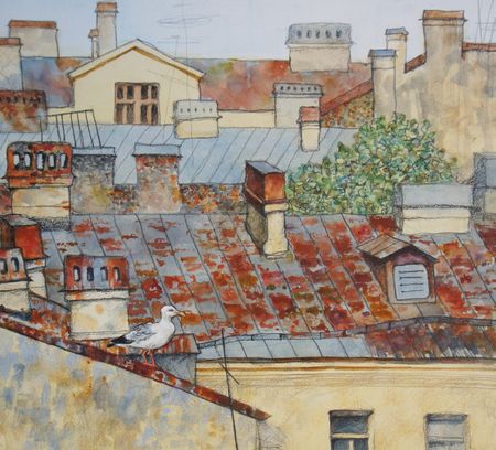 Анастасия Крушельницкая (Авторская графика - 
                  50 x 45 см) Чайка на крыше