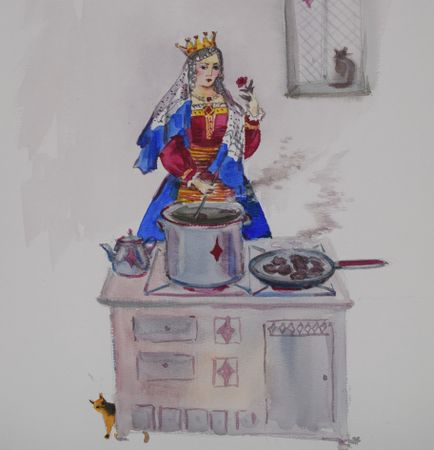 Елена Санина (Авторская графика - 
                  27 x 39 см) Дама Бубен варила бульон и...