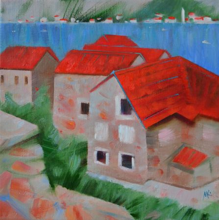 Мария Князева (Картина, живопись - 
                  30 x 30 см) Городок у моря. Черногория