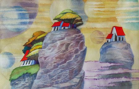 Александра Ларионова (Авторская графика - 
                  34 x 22 см) Деревенька на камнях