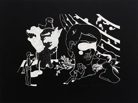 Лиза Артамонова (Графика печатная - 
                  40 x 31 см) Предметы на столе