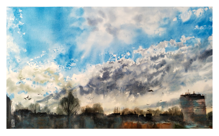 Александр Кормилицын (Авторская графика - 
                  59.5 x 35.7 см) Раннее утро в городе