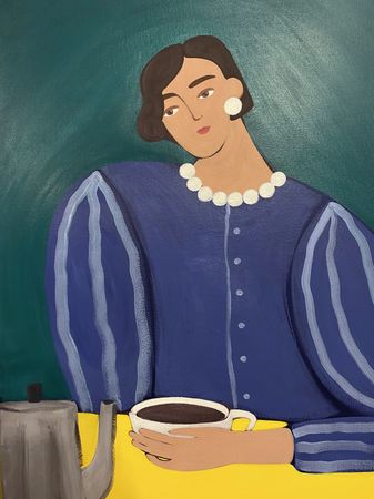 Ксения Хромцова (Картина, живопись - 
                  50 x 70 см) За чашкой кофе