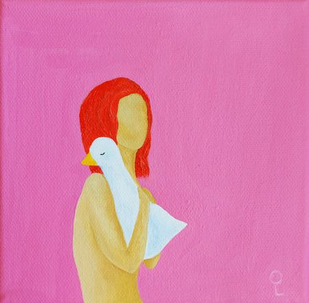 Оливия Лем (Картина, живопись - 
                  15 x 15 см) Девушка с гусиком