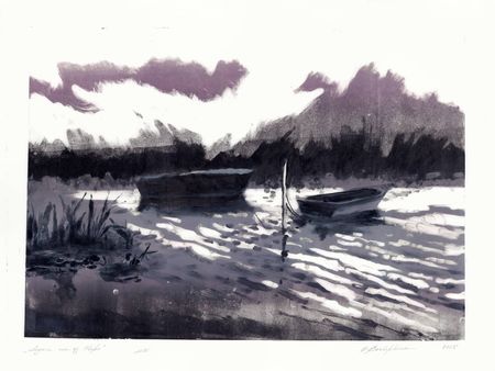 Ольга Безлепкина (Графика печатная - 
                  80 x 60 см) Лодки на озере Неро