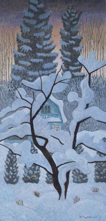 Екатерина Кудрявцева (Картина, живопись - 
                  65 x 135 см) Яблоня и ёлки в снежном феврале