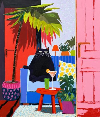Саша Робинсон (Картина, живопись - 
                  100 x 120 см) Чёрный кот в синем кресле