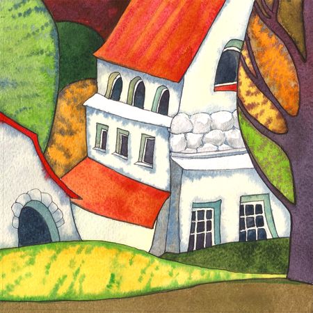 Александра Ларионова (Авторская графика - 
                  17 x 17 см) Дом под красной крышей