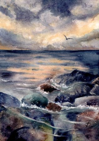 Алла Валежина (Авторская графика - 
                  30 x 42 см) Вечерний морской пейзаж