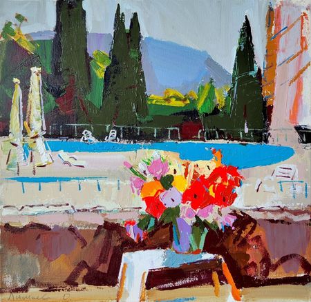 Олеся Лишаева (Картина, живопись - 
                  50 x 50 см) Розы у бассейна