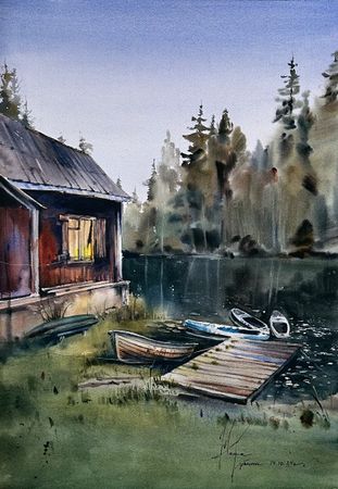 Жанна Губина (Авторская графика - 
                  36 x 51 см) Мельница на реке