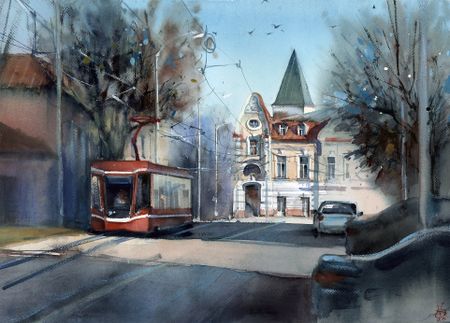 Виктория Севастьянова (Авторская графика - 
                  50 x 38 см) Красный трамвай